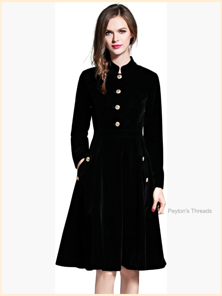 Long Sleeve A-Line Flare Midi Velvet Stretchy Party Swing Dress